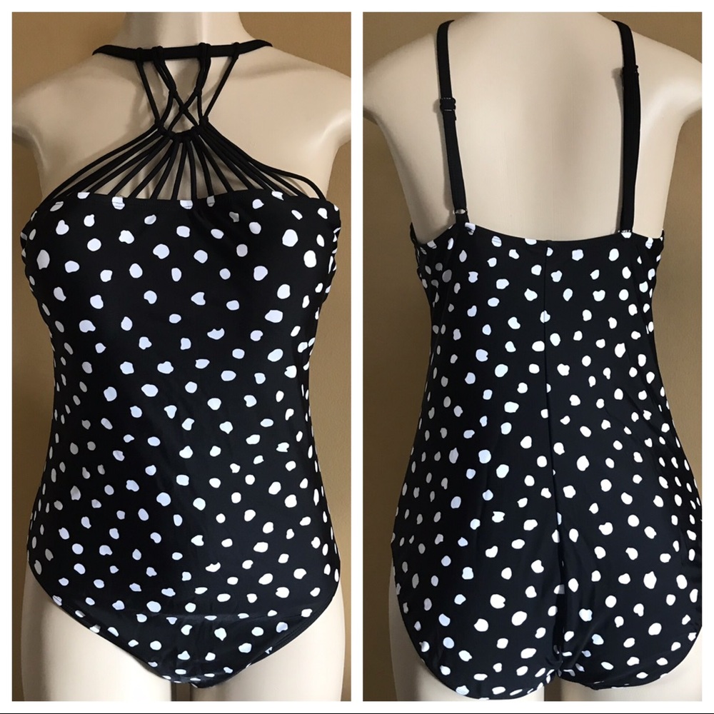 Black polka dot one piece swimsuit Sz L 12-14 NEW
